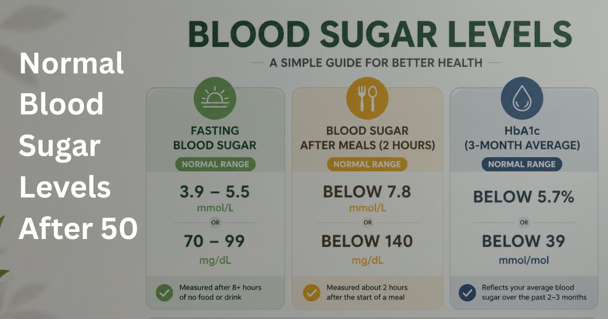 Normal-Blood-Sugar-Levels-After-50-23-2 Infographic showing normal blood sugar levels after 50 including fasting, after meals, and HbA1c ranges