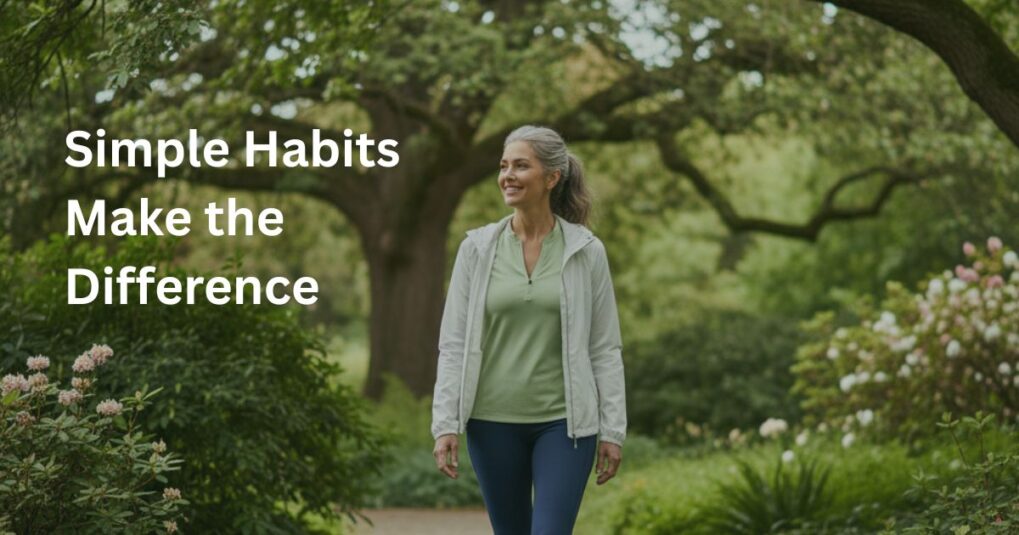 Healthy woman over 50 walking in nature representing simple daily habits to improve insulin resistance and metabolic health