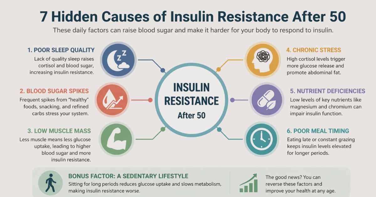 Infographic showing causes of insulin resistance after 50 including sleep, stress, diet and muscle loss