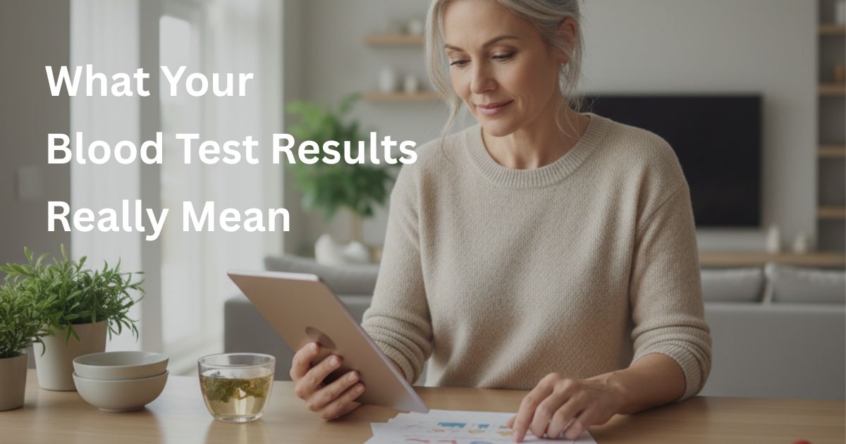 OL ART 3, IMG 2 Woman over 50 reviewing blood test results on tablet at home, focusing on understanding health and insulin resistance”