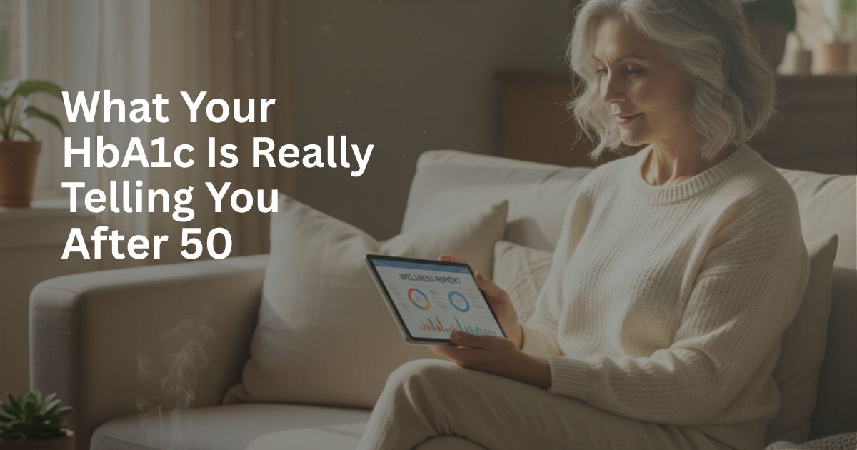 OL Art 11, img 1 Woman over 50 reviewing HbA1c blood sugar results on a tablet at home, representing understanding and managing long-term glucose levels naturally