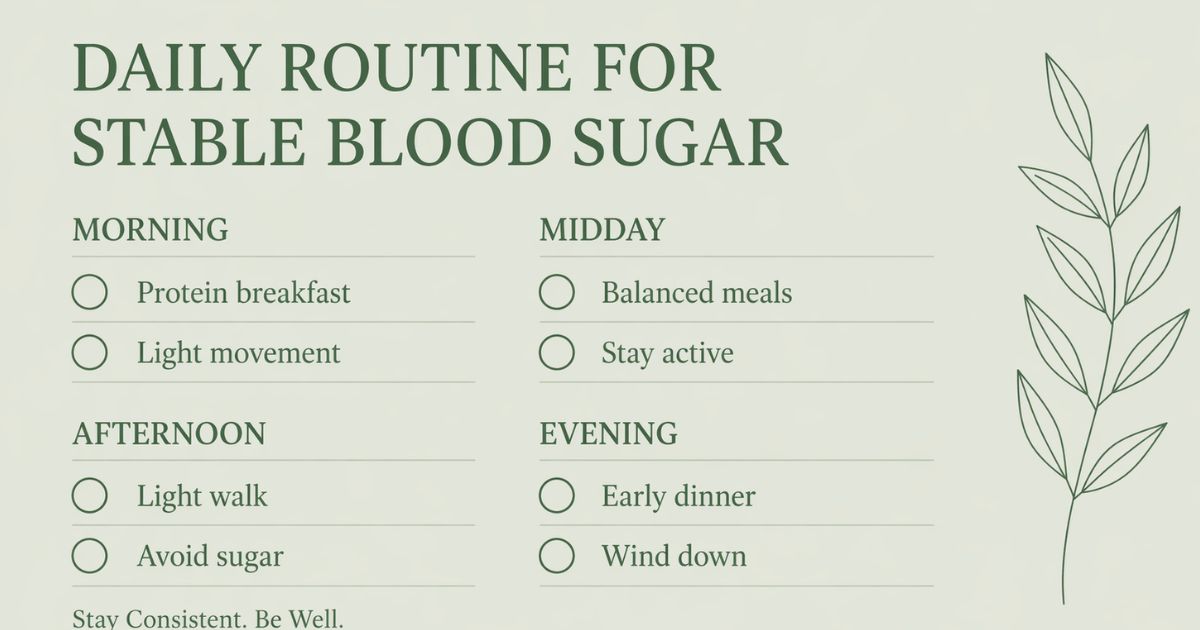 OL Art 13, img 2 Daily routine for stable blood sugar after 50 showing morning, midday, afternoon and evening healthy habits including protein breakfast, balanced meals, light movement and early dinner.