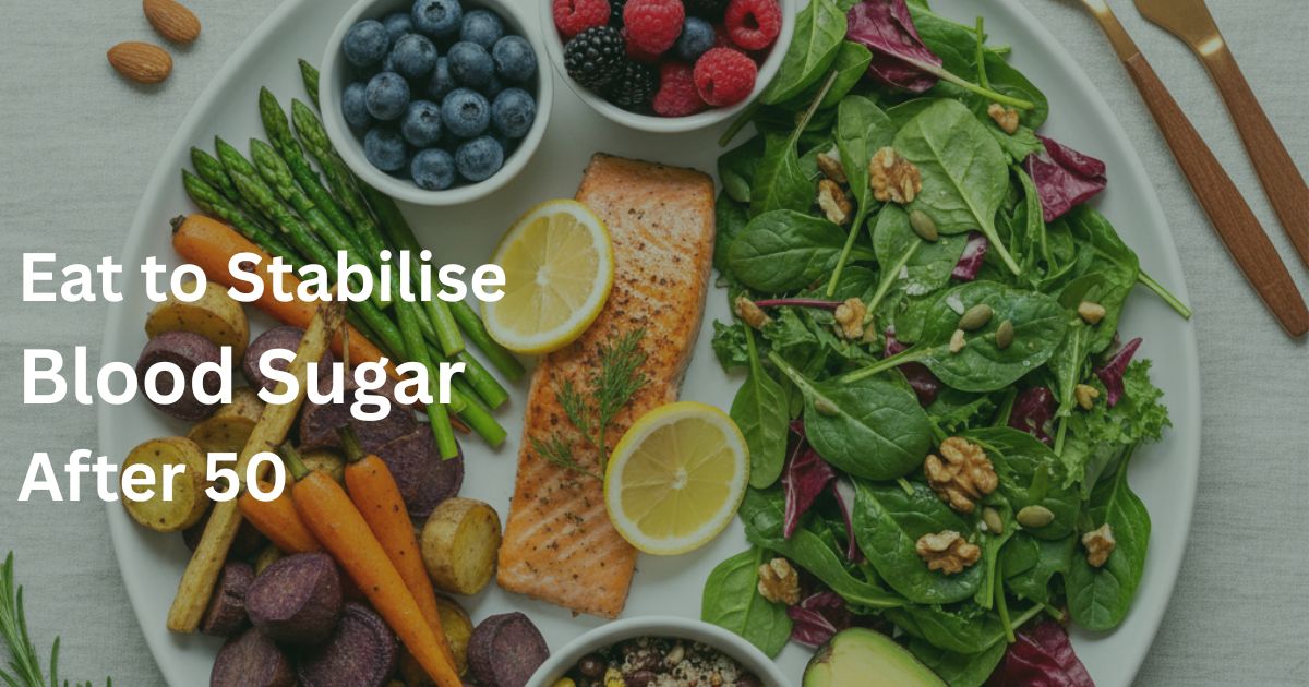 OL Art 9 Image 2 Balanced plate of salmon, leafy greens, berries, nuts and vegetables illustrating foods that help stabilise blood sugar after 50