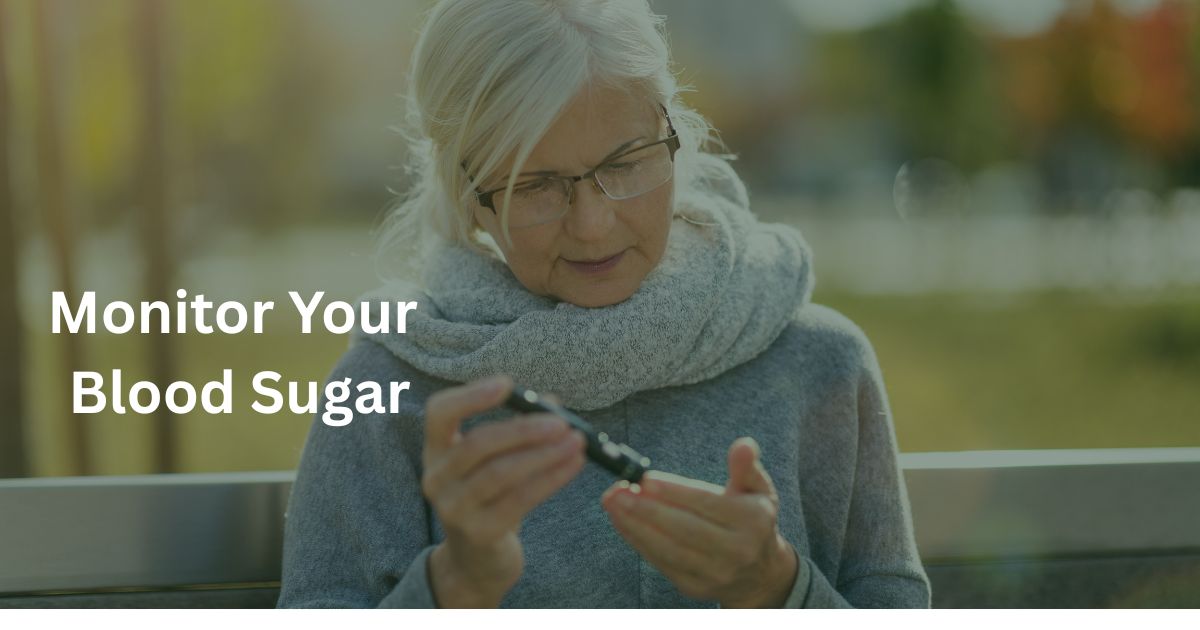 Woman over 50 checking blood sugar with glucose monitor outdoors to assess insulin resistance