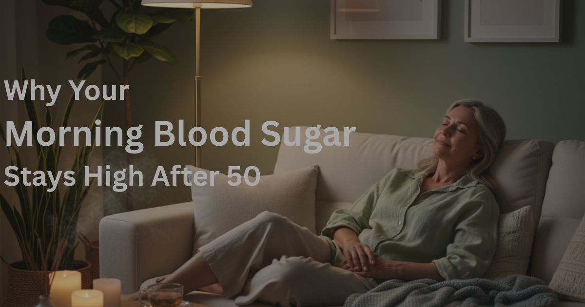 OL Morning Blood Sugar Stays High After 50 - ART 10 Woman over 50 relaxing in evening, dim lighting, calm atmosphere, healthy lifestyle mood, soft green overlay