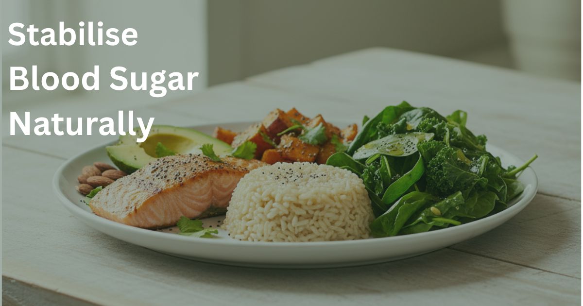 Balanced meal with salmon, rice and vegetables supporting stable blood sugar control after 50