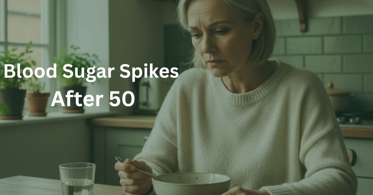 Woman over 50 sitting at kitchen table looking concerned while eating a meal, representing blood sugar spikes after eating healthy foods