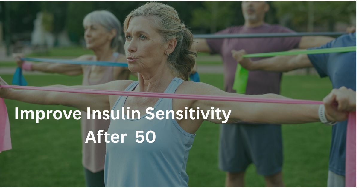 Woman over 50 exercising outdoors with resistance bands in a group fitness class, supporting improved insulin sensitivity and metabolic health after 50