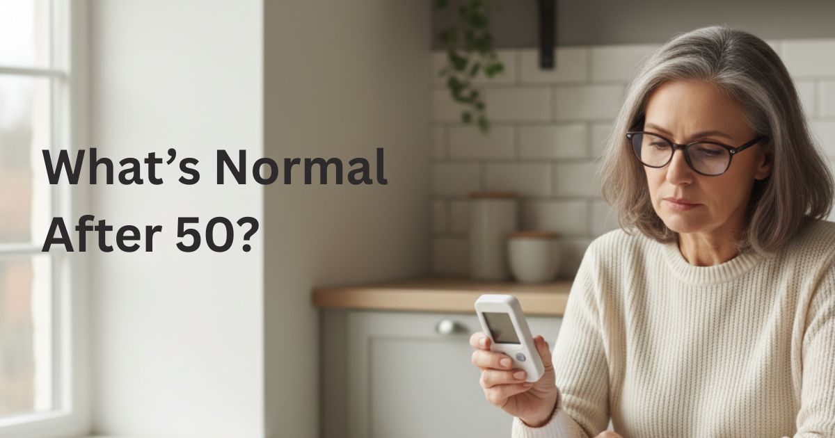 What's-Normal-After-50-23-1 Woman over 50 checking blood sugar levels at home, reviewing glucose results and understanding normal blood sugar levels after 50