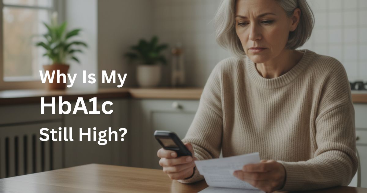 Why-Is-My-HbA1c-Still-High-22-1 A woman over 50 sitting at a kitchen table reviewing her blood sugar results with a concerned expression, representing frustration with high HbA1c levels despite healthy lifestyle efforts.
