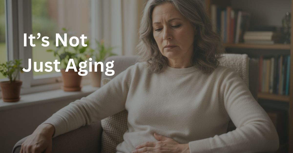 insulin-resistance-symptoms-women-over-50-19-2.jpg Midlife woman feeling tired and holding abdomen, common symptoms of insulin resistance after 50