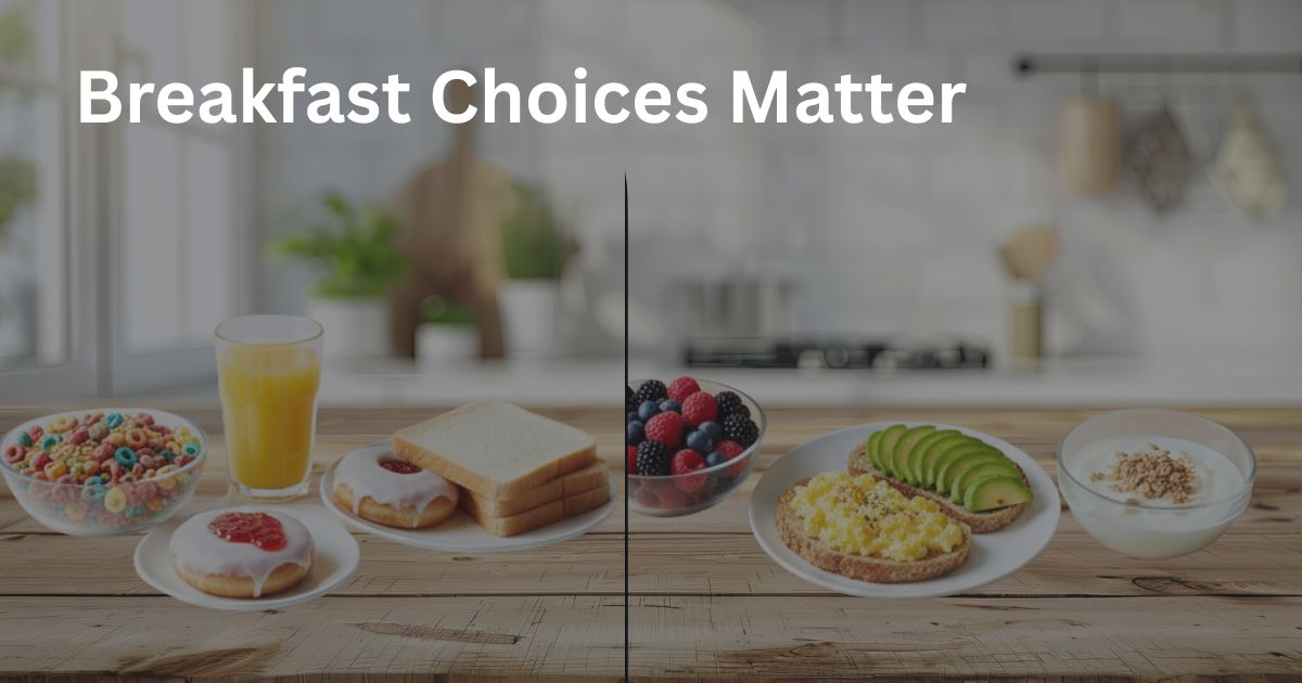Breakfast-Choices-Matter-27-2 Side-by-side comparison of sugary breakfast foods and healthier options that may help stabilize blood sugar after age 50.
