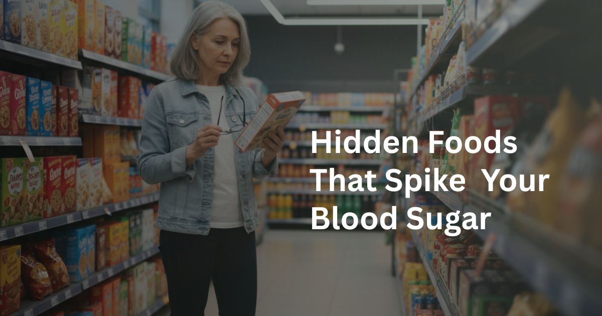 Hidden-Foods-That-Spike-Blood-Sugar-29-2 Woman reading food labels in a supermarket while choosing foods that may help reduce blood sugar spikes after 50.