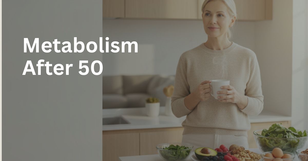 Metabolism-After-50-28-1 Healthy woman over 50 standing in a modern kitchen holding a cup of tea beside healthy foods including avocado, berries, eggs, nuts, and leafy greens, representing metabolism and healthy aging after 50.