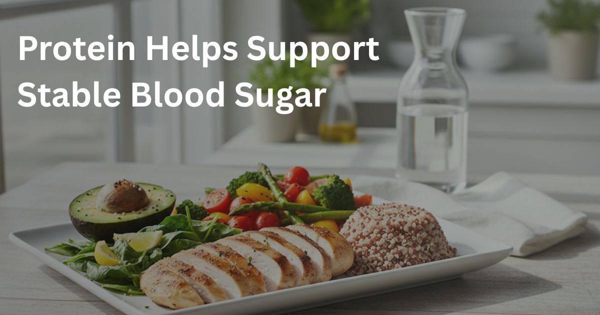 Protein-Helps-Support-Stable-Blood-Sugar-31-2 Balanced high-protein meal with chicken, vegetables, avocado and quinoa that may help support healthy blood sugar control and metabolic health after 50.