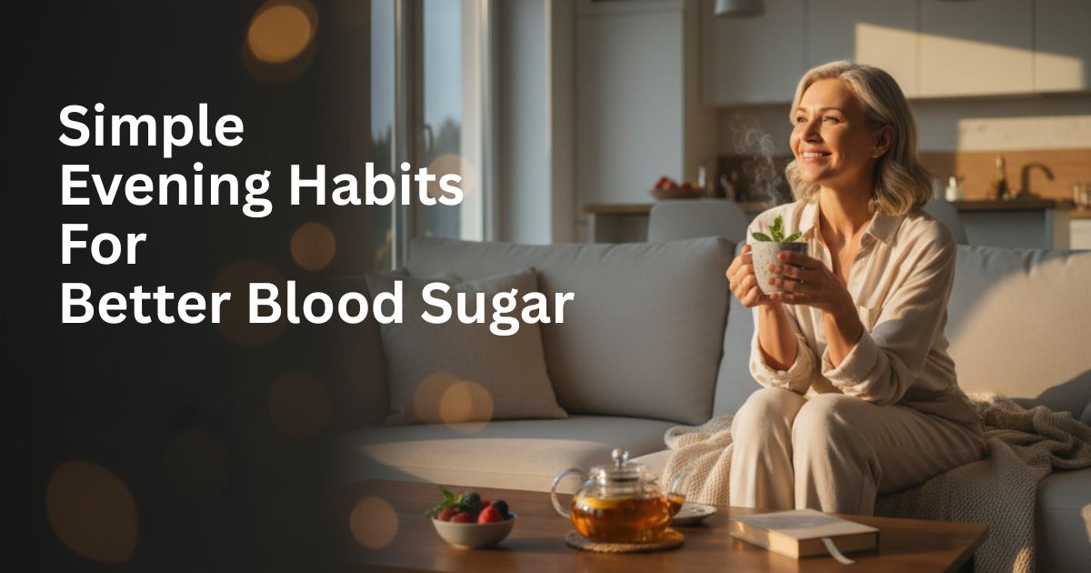 Simple-Evening-Habits-For-Better-Blood-Sugar-30-2 Healthy mature woman enjoying a calm evening routine with herbal tea and relaxed lighting, illustrating simple lifestyle habits that may help support stable overnight blood sugar levels after age 50.