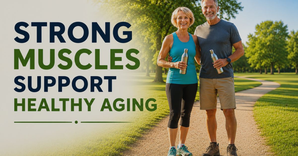 Strong-Muscles-Support-Healthy-Aging-31-3 Active older adults enjoying outdoor exercise and healthy aging supported by strong muscles, regular physical activity, and adequate protein intake after age 50.