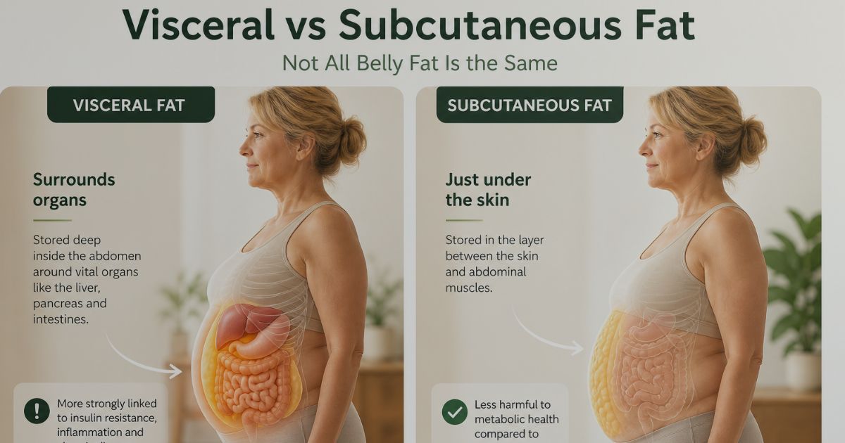 Visceral-vs-Subcutaneous-Fat-25-2 Side-by-side comparison showing visceral fat stored around internal organs and subcutaneous fat located under the skin in the abdominal area of an older adult