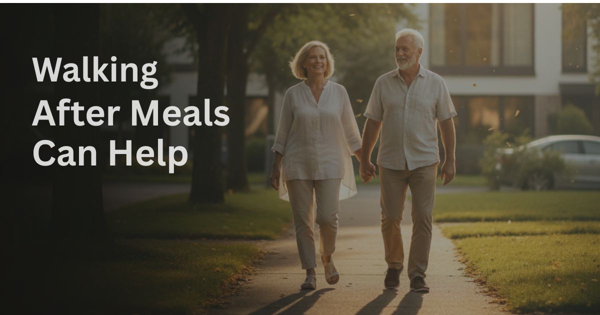 Walking-After-Meals-Can-Help-29-3 Older couple walking outdoors after dinner to support healthy blood sugar and metabolism after 50.