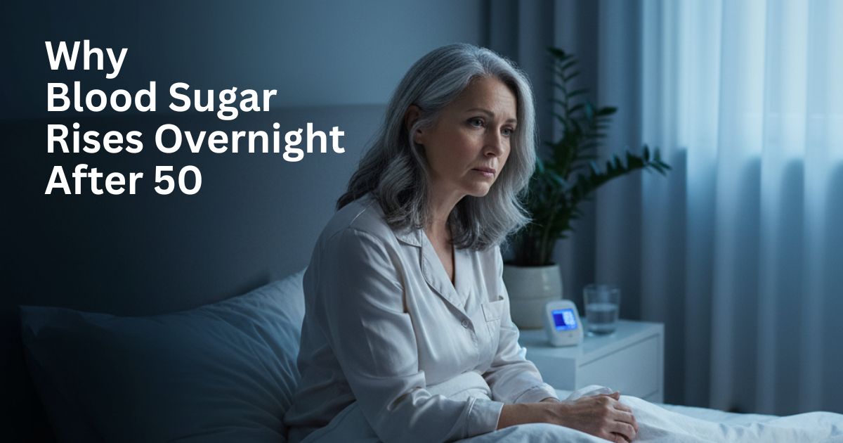 Why-Blood-Sugar-Rises-Overnight-After-50-30-1 Mature woman awake in bed at night looking concerned about high blood sugar levels, illustrating how blood sugar may rise overnight after age 50 due to metabolism, stress, sleep disruption, and insulin resistance.