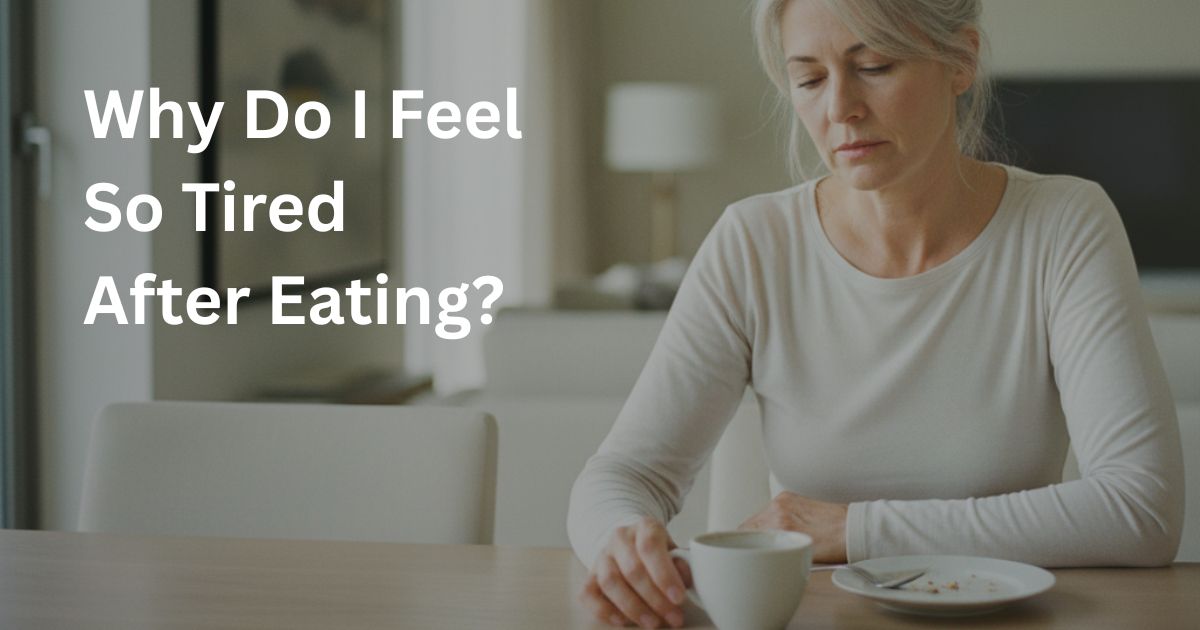 Why-Do-I-Feel-So-Tired-After-Eating-24-1 Woman over 50 sitting at a dining table looking tired after eating a meal, illustrating post-meal fatigue and possible blood sugar imbalance