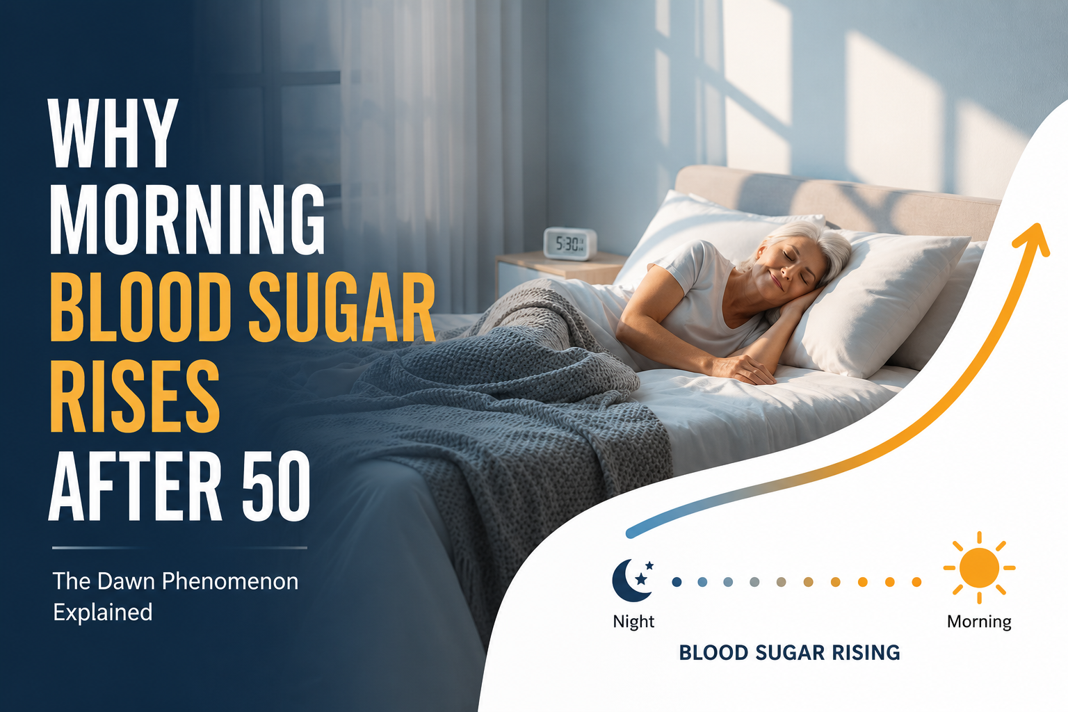 Why-Morning-Blood-Sugar-Rises-After-50-26-1 Older adult sleeping while an illustrated graph shows blood sugar gradually increasing toward morning, representing the dawn phenomenon after age 50.