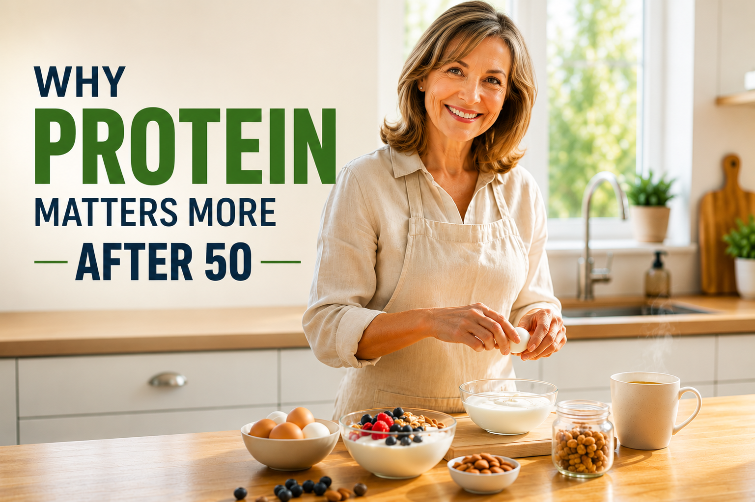 protein-after-50-31-1.jpg Healthy woman over 50 preparing a protein-rich breakfast with eggs, Greek yogurt, berries and nuts to support metabolism, muscle health and healthy aging.