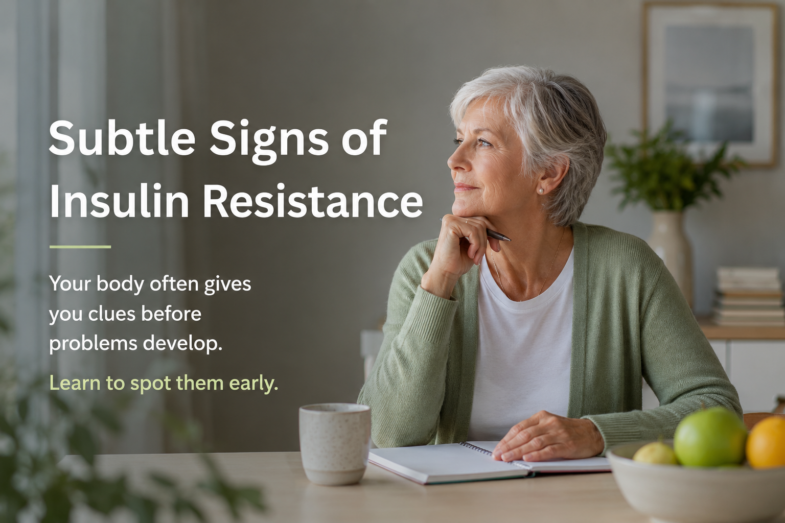Article-2-Subtle-signs-of-insulin-resistance-1 Older woman reflecting at home, illustrating the subtle early signs of insulin resistance after age 50.