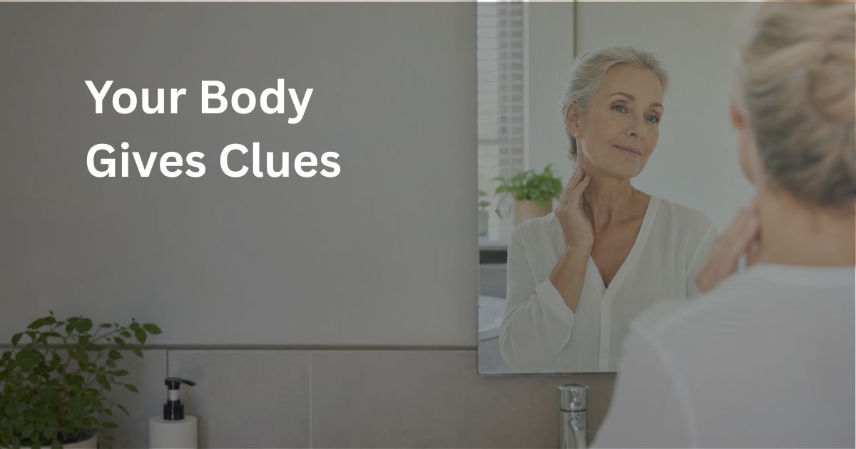 Article-2-Your-Body-Gives-Clues-1 Woman over 50 checking for subtle physical signs that may be associated with insulin resistance.