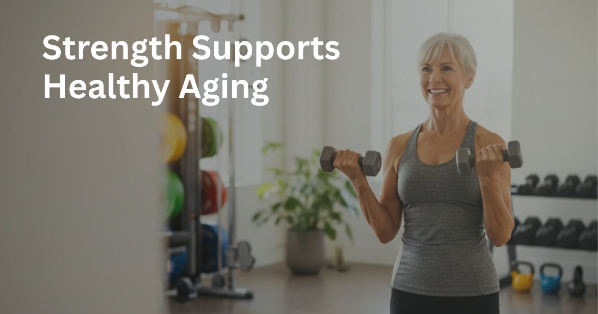 Article 33-Strength-Supports-Healthy-Aging-2.jpg- Active woman over 50 performing strength training exercises in a gym. Regular strength training helps support metabolism, maintain muscle mass, improve bone health, enhance balance and mobility, and promote healthy aging after 50.