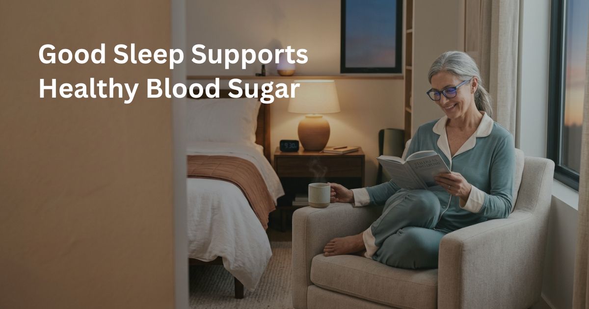 Article-34-sleep-blood-sugar-after-50-2.jpg Woman over 50 enjoying a relaxing bedtime routine to support healthy sleep, blood sugar control, and metabolic health.