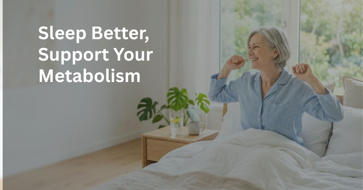 Article-34-sleep-metabolism-after-50-1.jpg Healthy woman over 50 waking up refreshed after a good night's sleep, supporting metabolism, energy levels, and healthy aging.