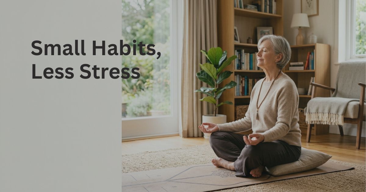 Article-35-small-habits-reduce-stress-2.jpg Woman over 50 practicing mindfulness and relaxation techniques to help manage stress and support healthy metabolic health.