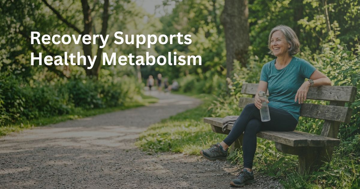 Article-36-metabolism-recovery-after-50-1.jpg Woman over 50 resting on a park bench after exercise to support recovery and healthy metabolism.