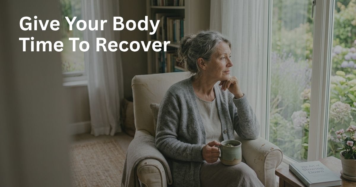 Article-36-metabolism-recovery-after-50-2.jpg Woman over 50 recognizing signs of fatigue and the need for recovery after exercise.