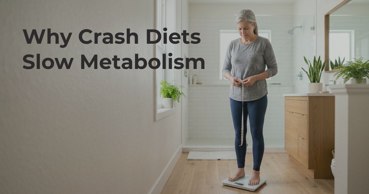Article-37-Why-Crash-Diets-Backfire-1 Woman over 50 learning why crash diets may slow metabolism and make weight management more difficult.