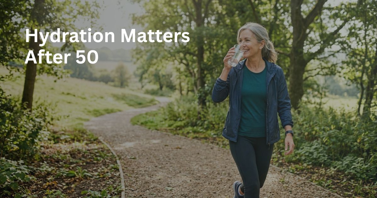 Article-39-Stay-Hydrated-Support-Healthy-Aging-1 Woman over 50 drinking water outdoors to support hydration and healthy aging.