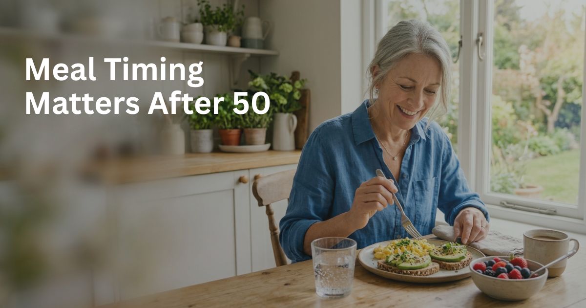 Article-40-meal-timing-metabolism-after-50-1 Woman over 50 eating a healthy breakfast to support metabolism and blood sugar control.