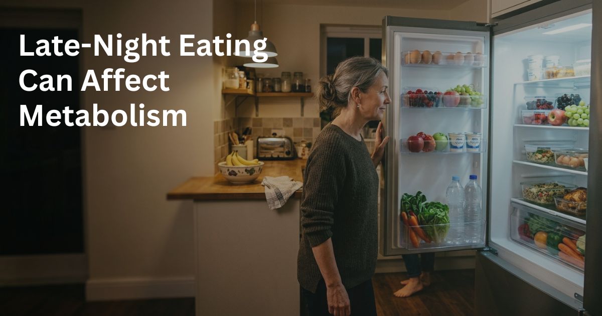 Article-40-meal-timing-metabolism-after-50-2 Woman over 50 considering a late-night snack in the kitchen.