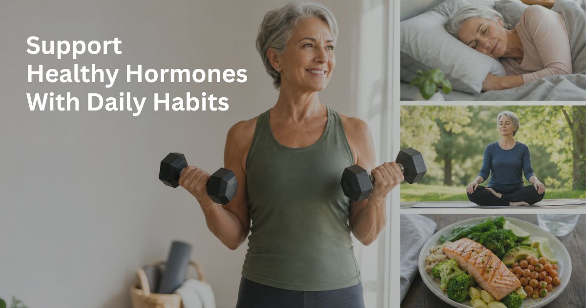 Article-43-hormones-metabolism-after-50-2 Healthy lifestyle habits such as exercise, good nutrition, sleep, and stress management that may support hormone and metabolic health after 50.