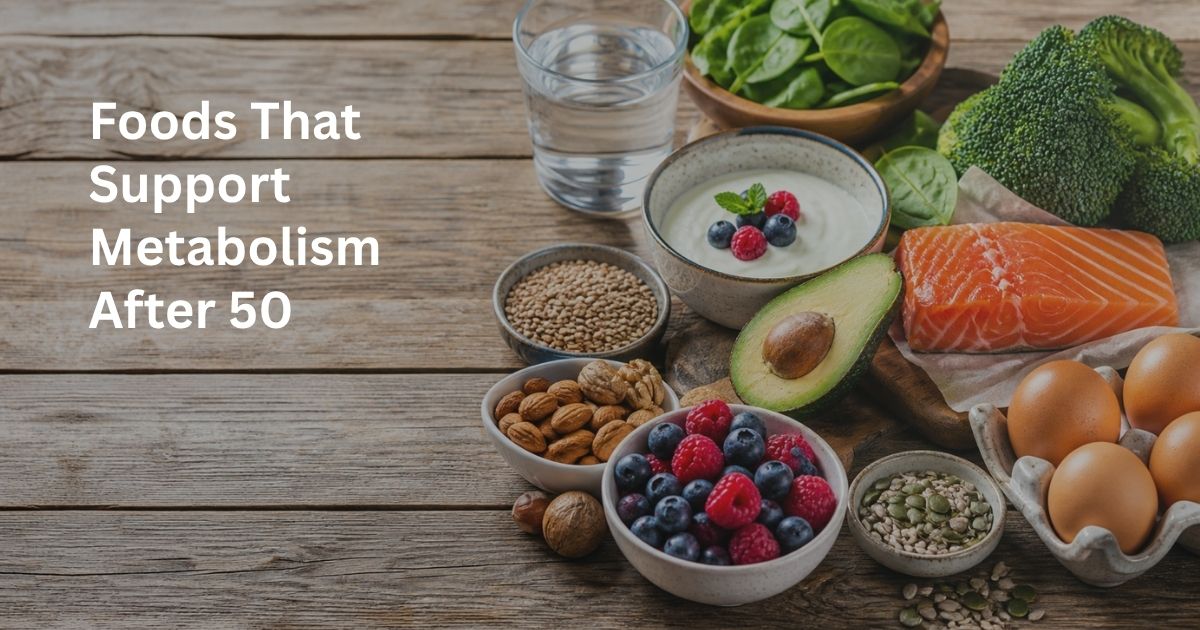 Article-44-Foods-That-Support-Metabolism-After-50-1 Metabolism-supporting foods after 50 including protein-rich foods, vegetables, berries, healthy fats, and water arranged on a table.