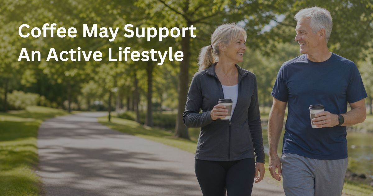 Article-45-Coffee-May-Support-An-Active-Lifestyle-2 Active adults over 50 walking outdoors after enjoying coffee as part of a healthy lifestyle.