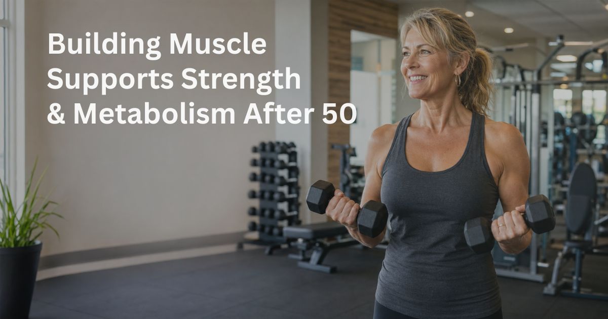 Article-46-Building-Muscle-Supports-Strength-&- Metabolism--After-50-1 Woman over 50 performing strength training exercises to support muscle mass, strength, and metabolism during healthy aging.
