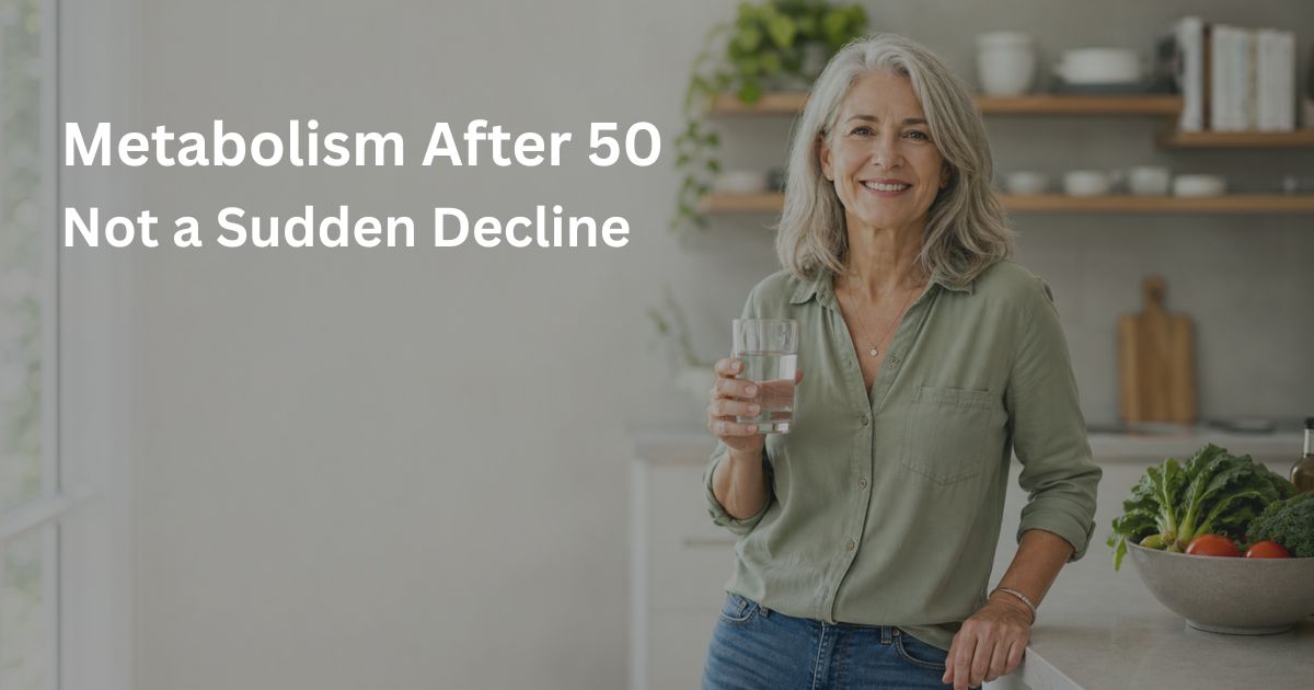 Article-47-Metabolism-After-50-Not-a-Sudden-Decline-1 Healthy woman over 50 in a bright home setting representing metabolism and healthy aging after 50.