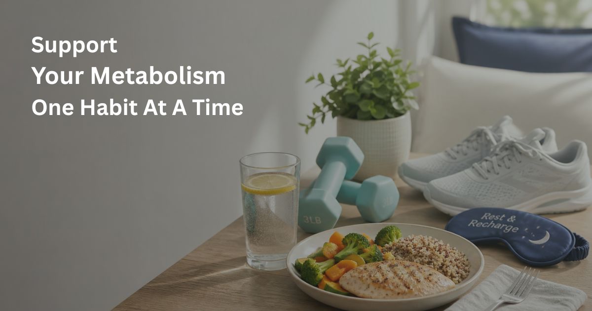 Article-47-Support-Your-Metabolism-One-Habit-At-A-Time-2 Strength training, hydration, protein, walking, and sleep habits to support metabolism after 50.