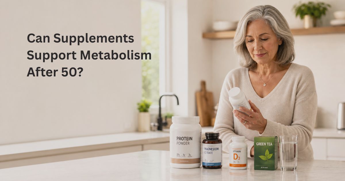 Article-48-Can-Supplements-Support-Metabolism-After-50-1 Healthy woman over 50 reviewing common supplements that may support metabolic health, including protein powder, magnesium, vitamin D, and green tea.