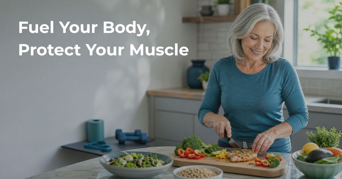 Healthy woman over 50 preparing a balanced meal with protein and vegetables to support muscle mass, weight management, and metabolic health.