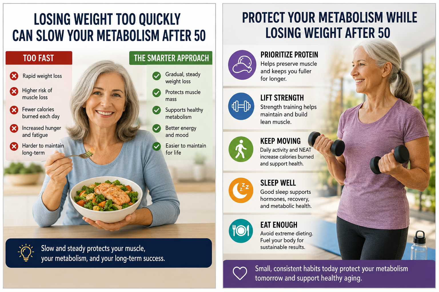 Article-52-losing-weight-too-quickly-metabolism-after-50-1 Comparison showing rapid weight loss versus sustainable weight loss after age 50. The image highlights how gradual weight loss combined with adequate protein, strength training, daily movement, good sleep, and avoiding extreme dieting may help preserve muscle mass and support healthy metabolism during aging.