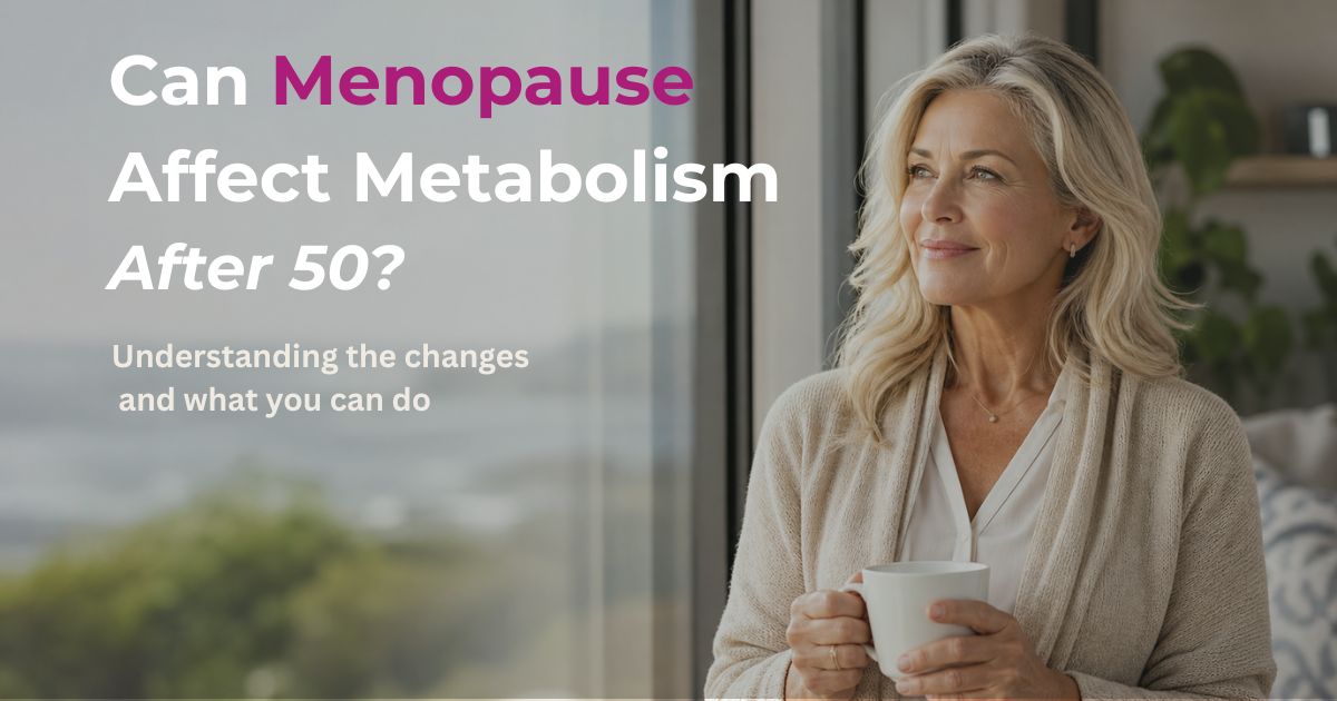 Woman in her 50s standing by a window and reflecting on how menopause may affect metabolism after 50.