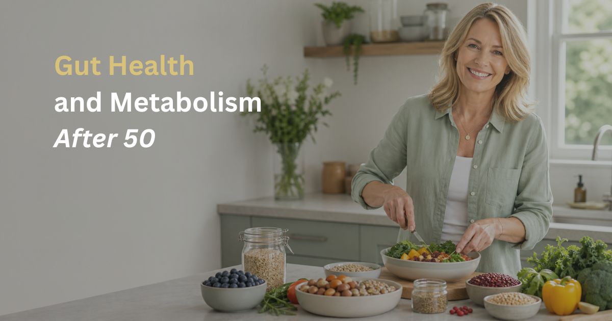 Article-54-Gut-Health-and-Metabolism-After-50-1 Woman over 50 preparing a fibre-rich meal with vegetables, berries, nuts and seeds to support gut health and metabolism after 50